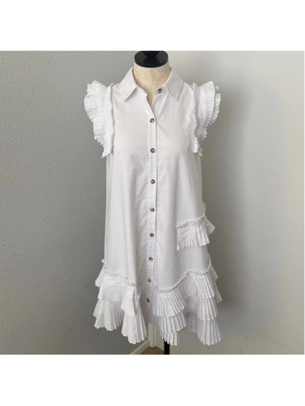 Anthropologie White ruffle sleeveless button down dress - Size XS